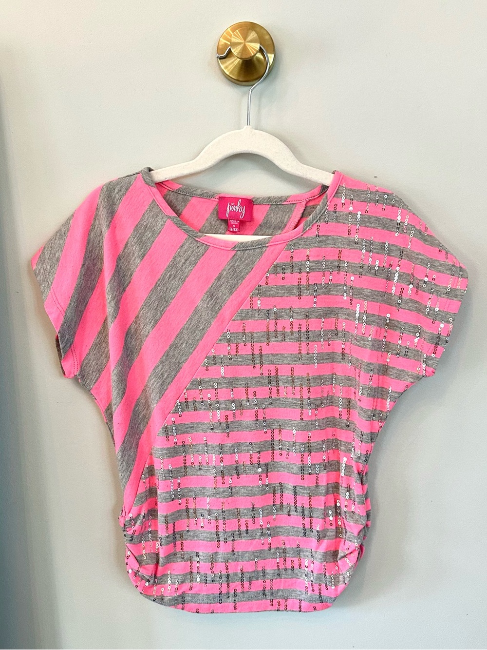 Pinky Girls Neon Pink Gray Striped Sequin Dolman Top Size S 6/6X
